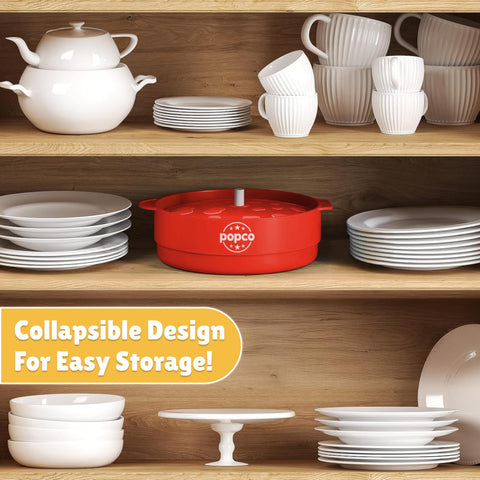 POPCO silicone popcorn bowl resists stains and odors for easy cleaning.