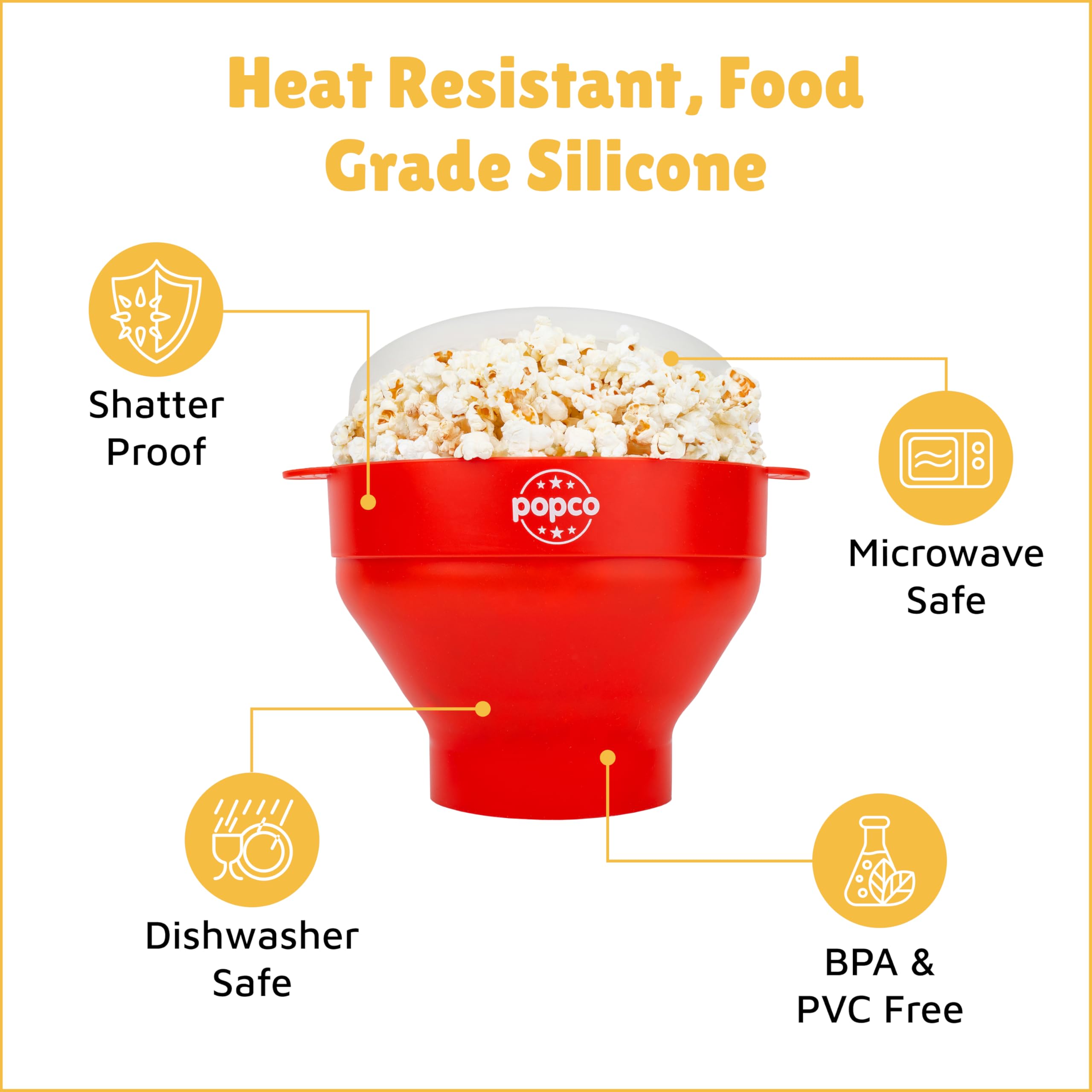 POPCO red popcorn bowl close-up showing vibrant silicone finish.