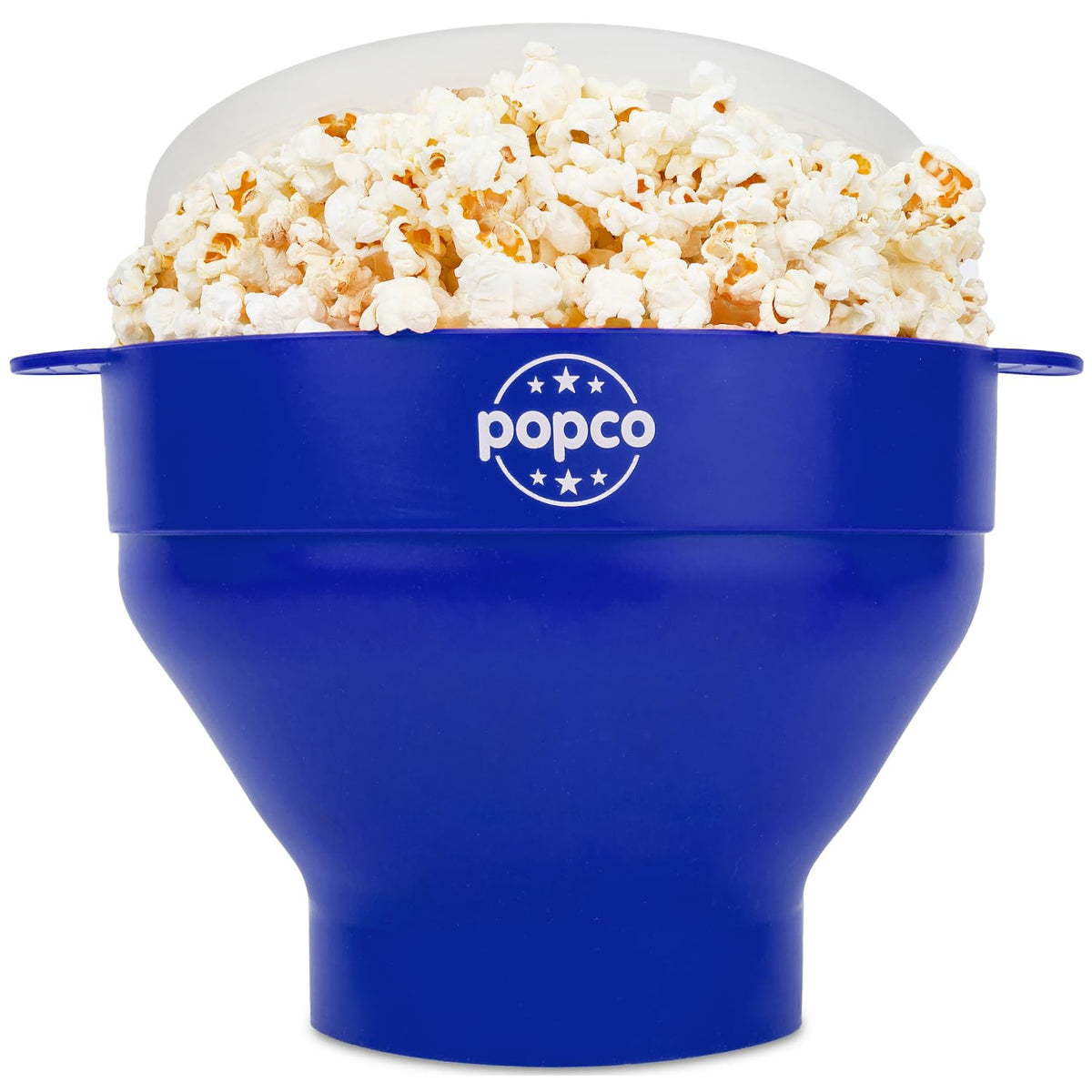 POPCO silicone microwave popcorn popper with blue handles for safe gripping