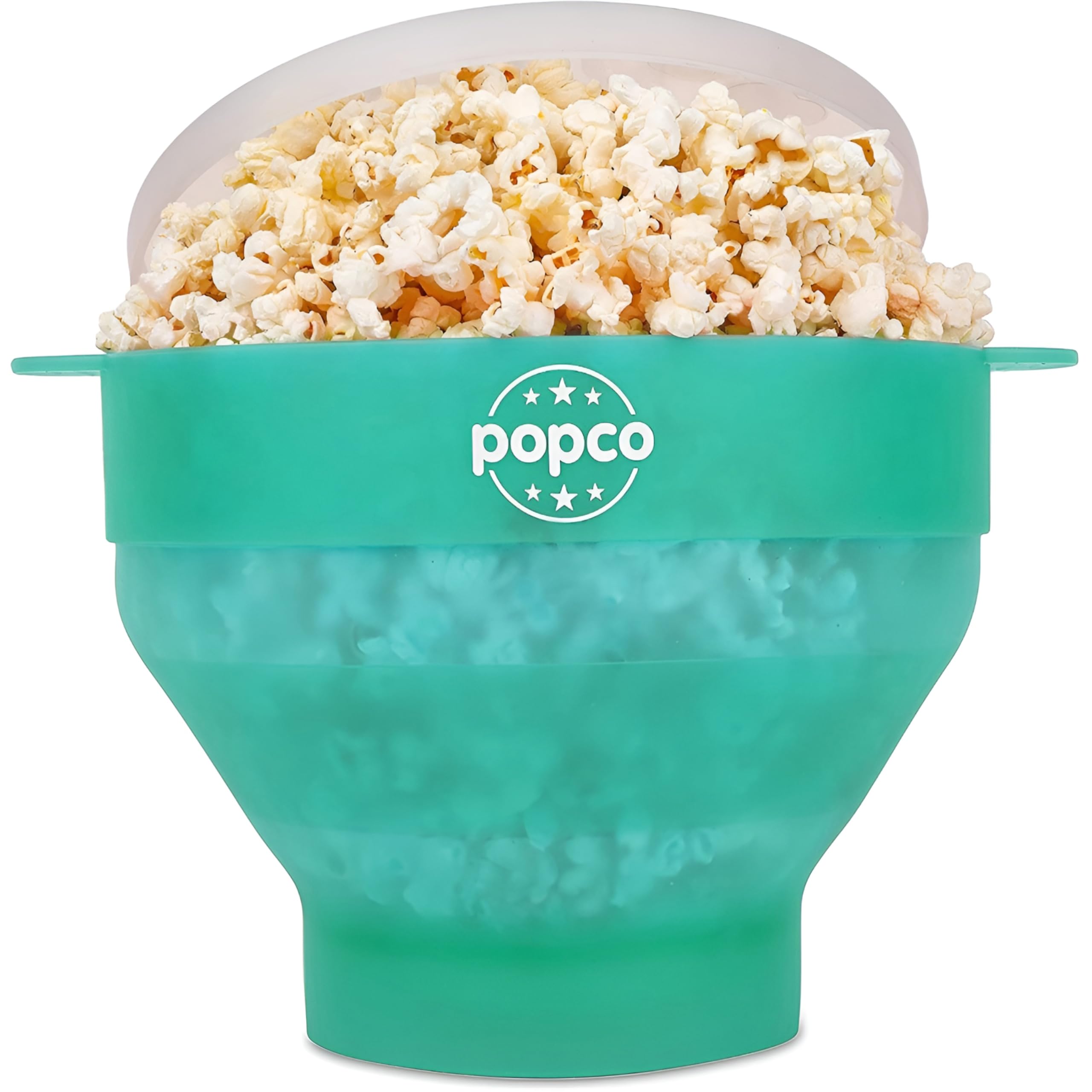 POPCO silicone microwave popcorn popper with handles for easy pouring and stirring.