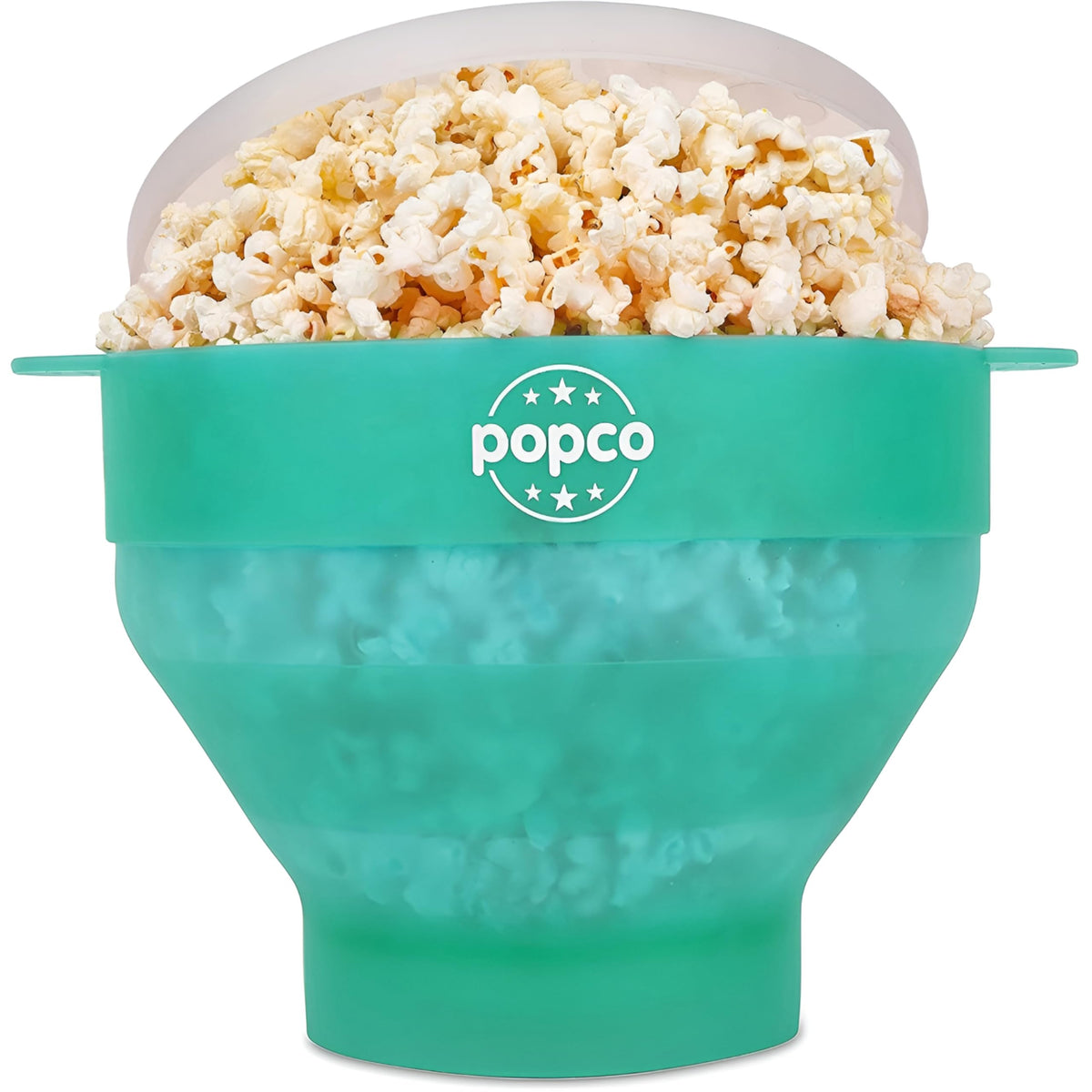 POPCO silicone microwave popcorn popper with handles for easy pouring and stirring.