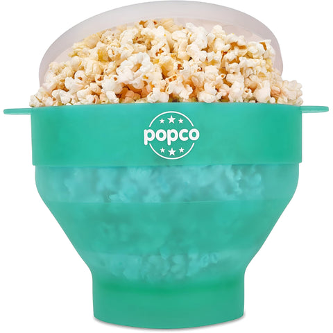 POPCO silicone microwave popcorn popper with handles for easy pouring and stirring.