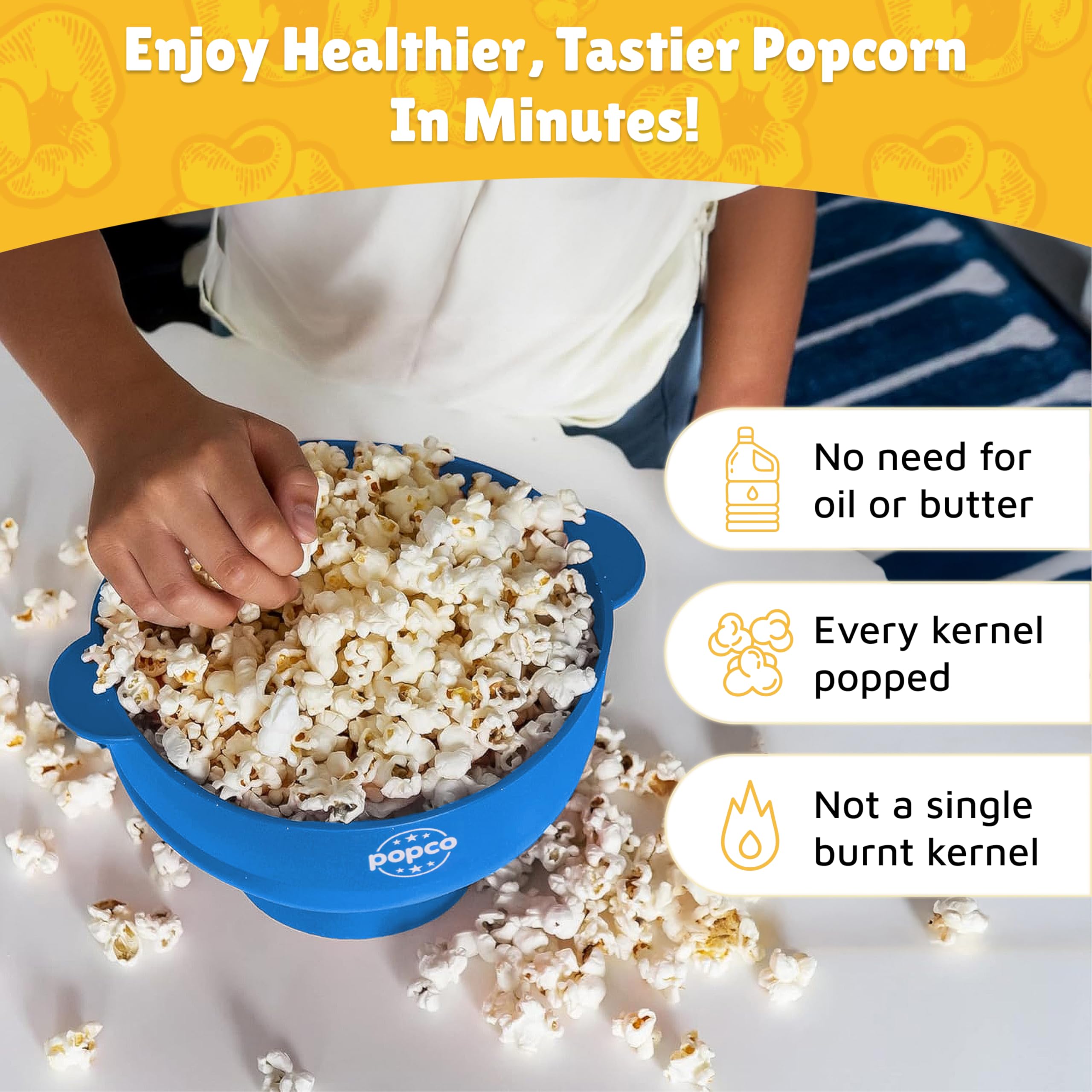 Popco popcorn maker with side handles for safe, easy transport.