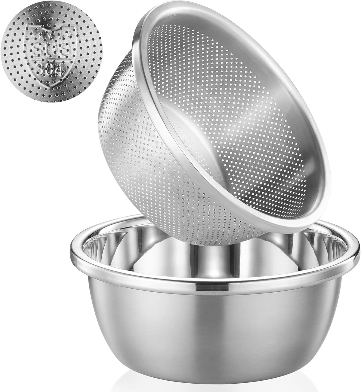 POPRADE 304 stainless steel colander with dense holes for fast draining.