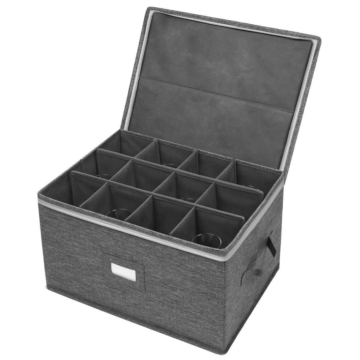 Popoly stemware storage box with 12 padded compartments protects wine glasses.