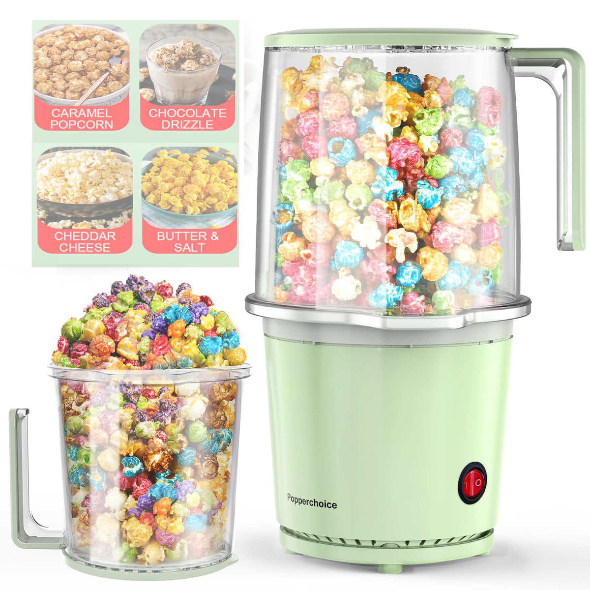 Popperchoice air popper front view showing compact oil-free popcorn maker