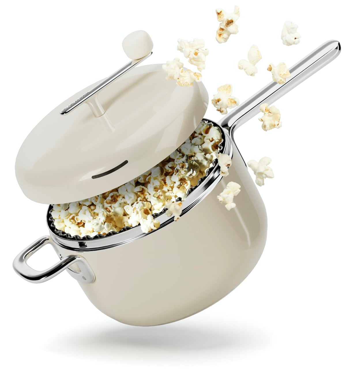 POPSMITH cream popcorn popper on stove for quick, delicious popcorn.