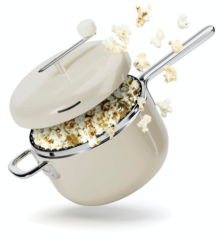 POPSMITH cream popcorn popper on stove for quick, delicious popcorn.