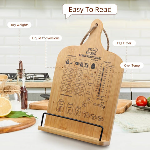 Gift-ready wooden cookbook stand highlighted as a thoughtful kitchen present.