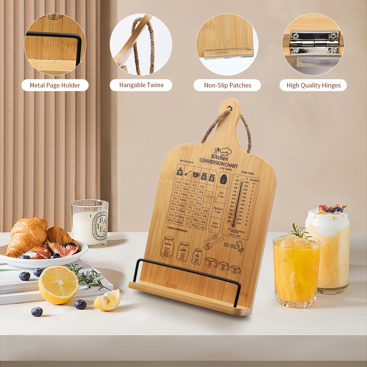 PopularLdo adjustable cookbook stand shown at different heights for ergonomic cooking.