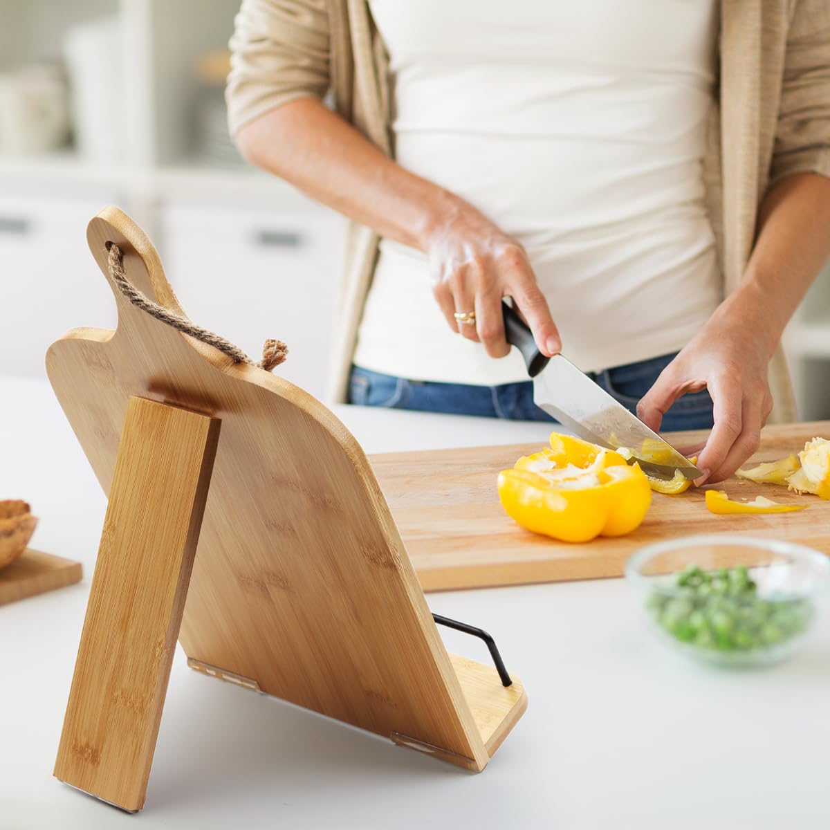 Compact, durable wooden stand fits neatly on the kitchen counter.