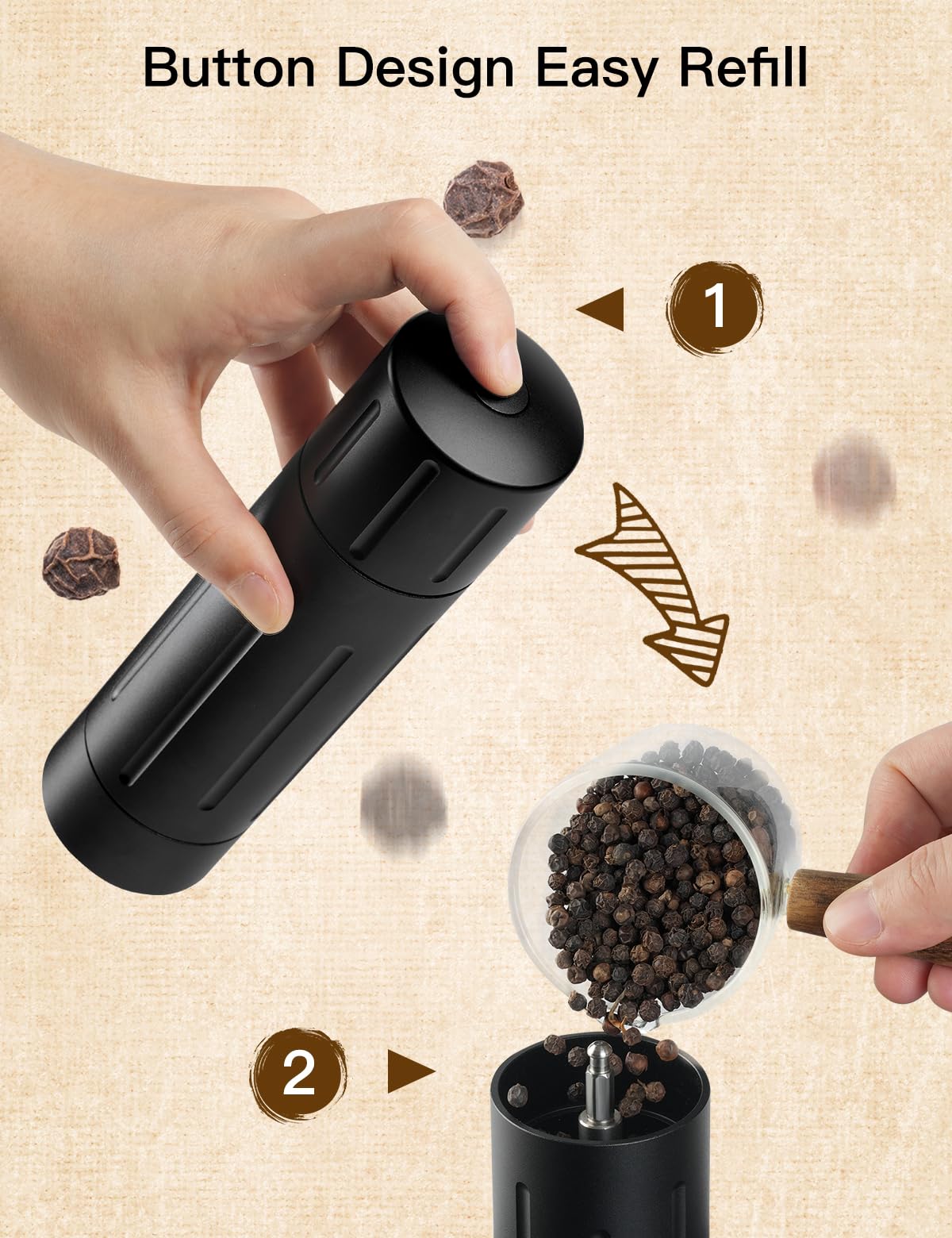 POPWOODS Pepper Grinder featuring a sleek, modern design for kitchen compatibility.