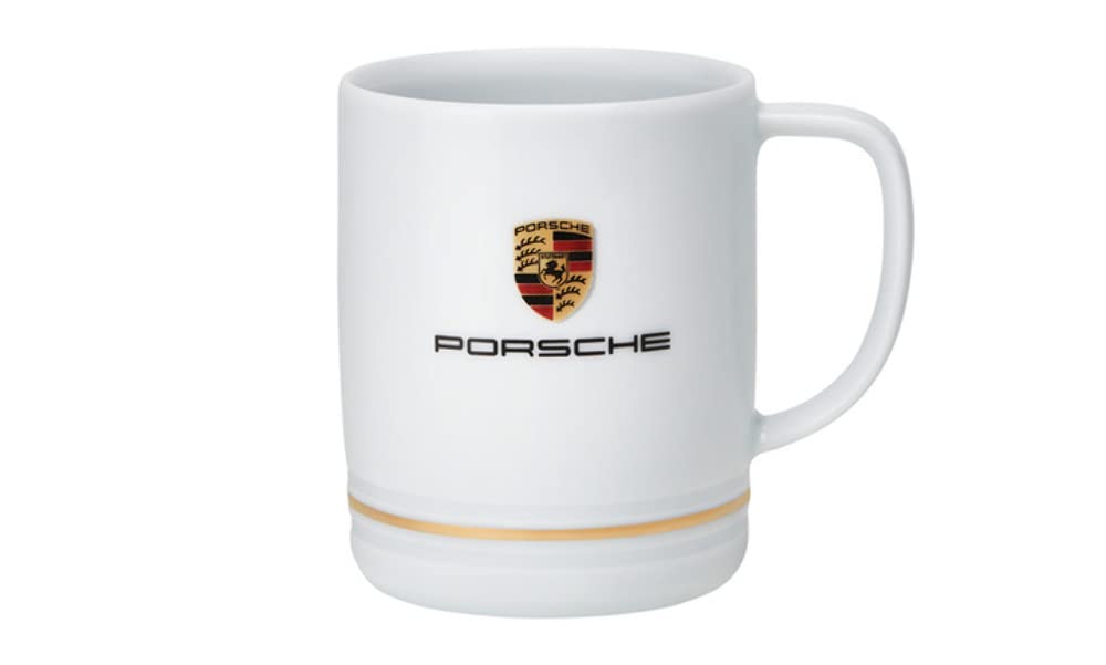 Porsche Crest porcelain cup front view with gold ring, ideal for daily coffee rituals.