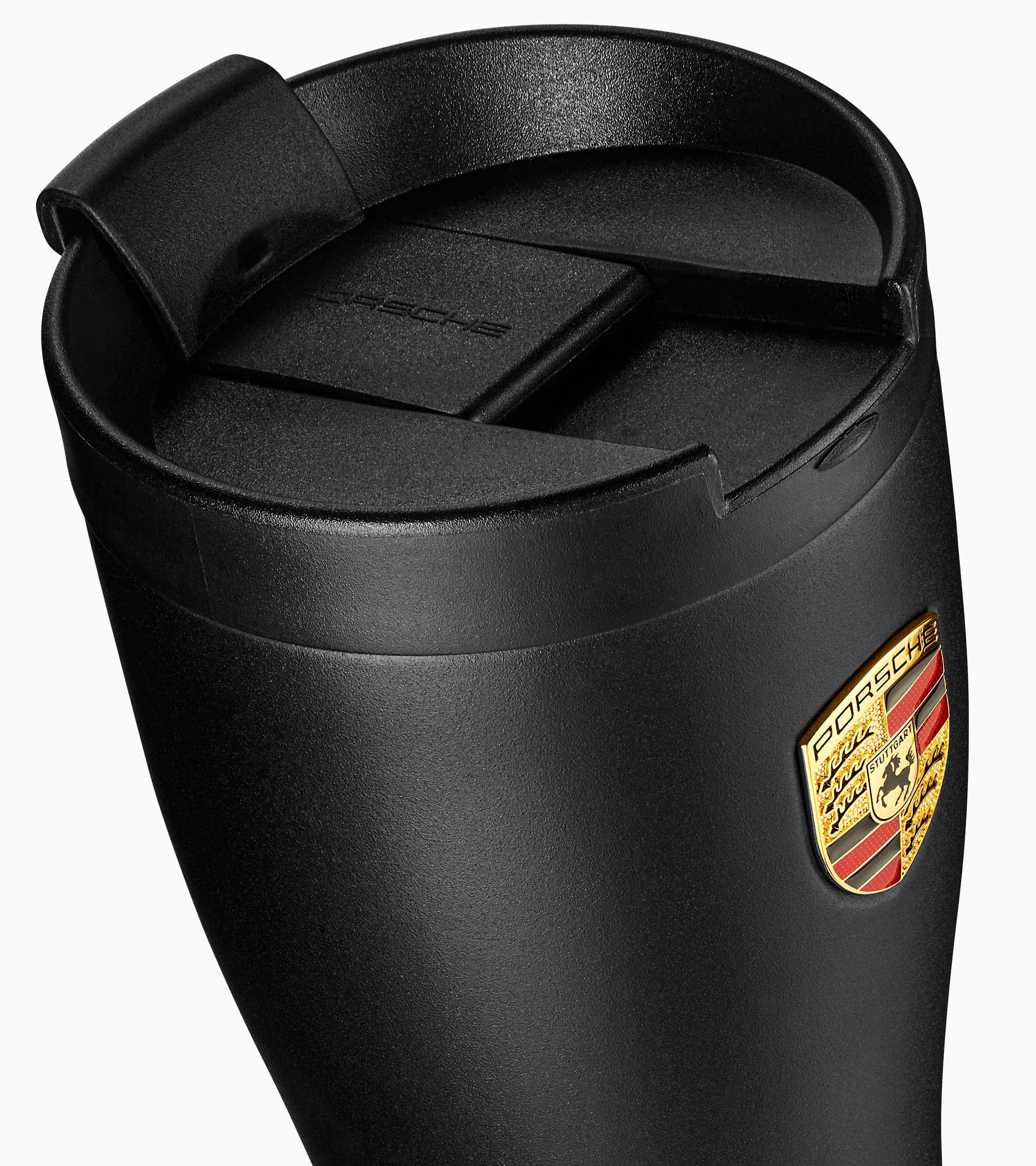 Porsche matte black tumbler lid with embossed PORSCHE logo, leak-proof for travel