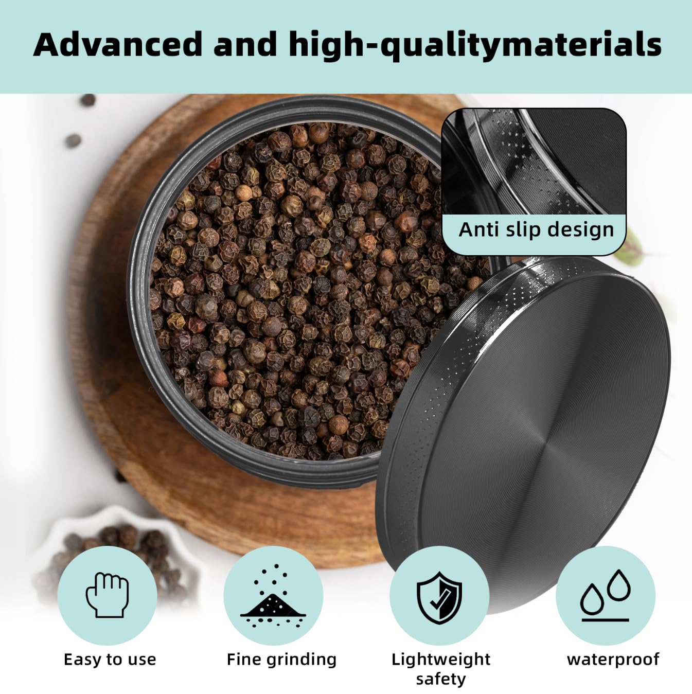 Porsuca Spice Mills Grinder, black, close-up on the grinding mechanism for flavorful results.