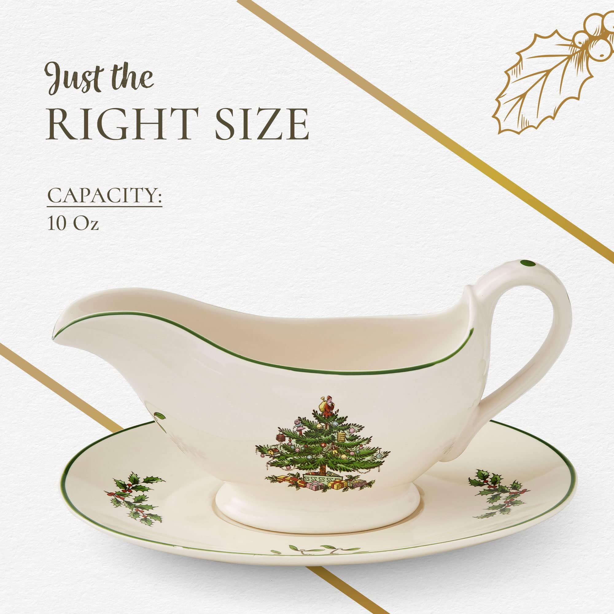 Portmeirion Spode Christmas Tree gravy boat with stand on ready-to-gift tray