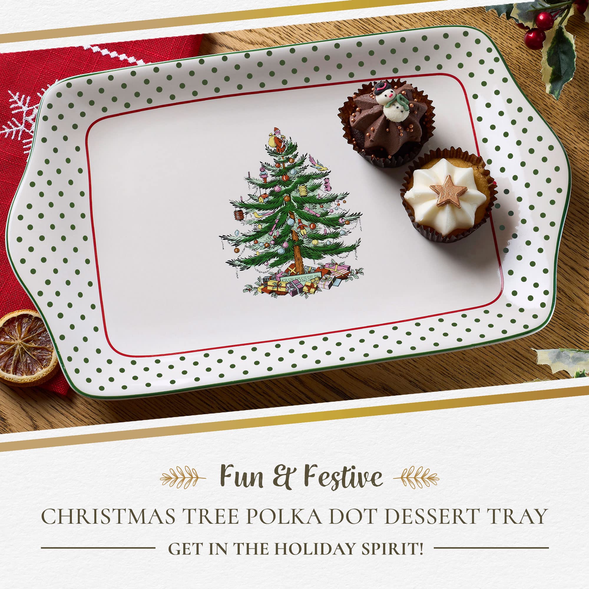 Portmeirion Spode polka-dot border detail enhances holiday tables.