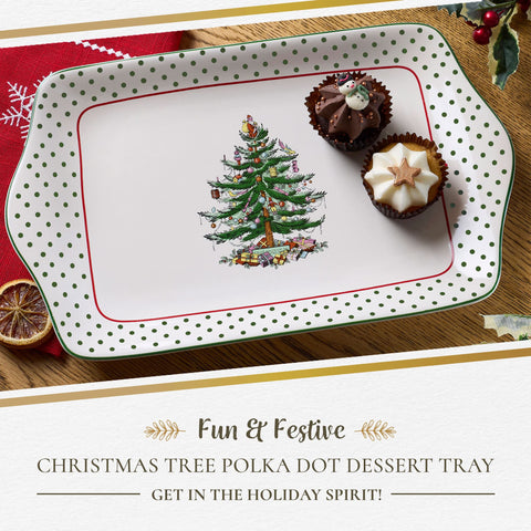 Portmeirion Spode polka-dot border detail enhances holiday tables.