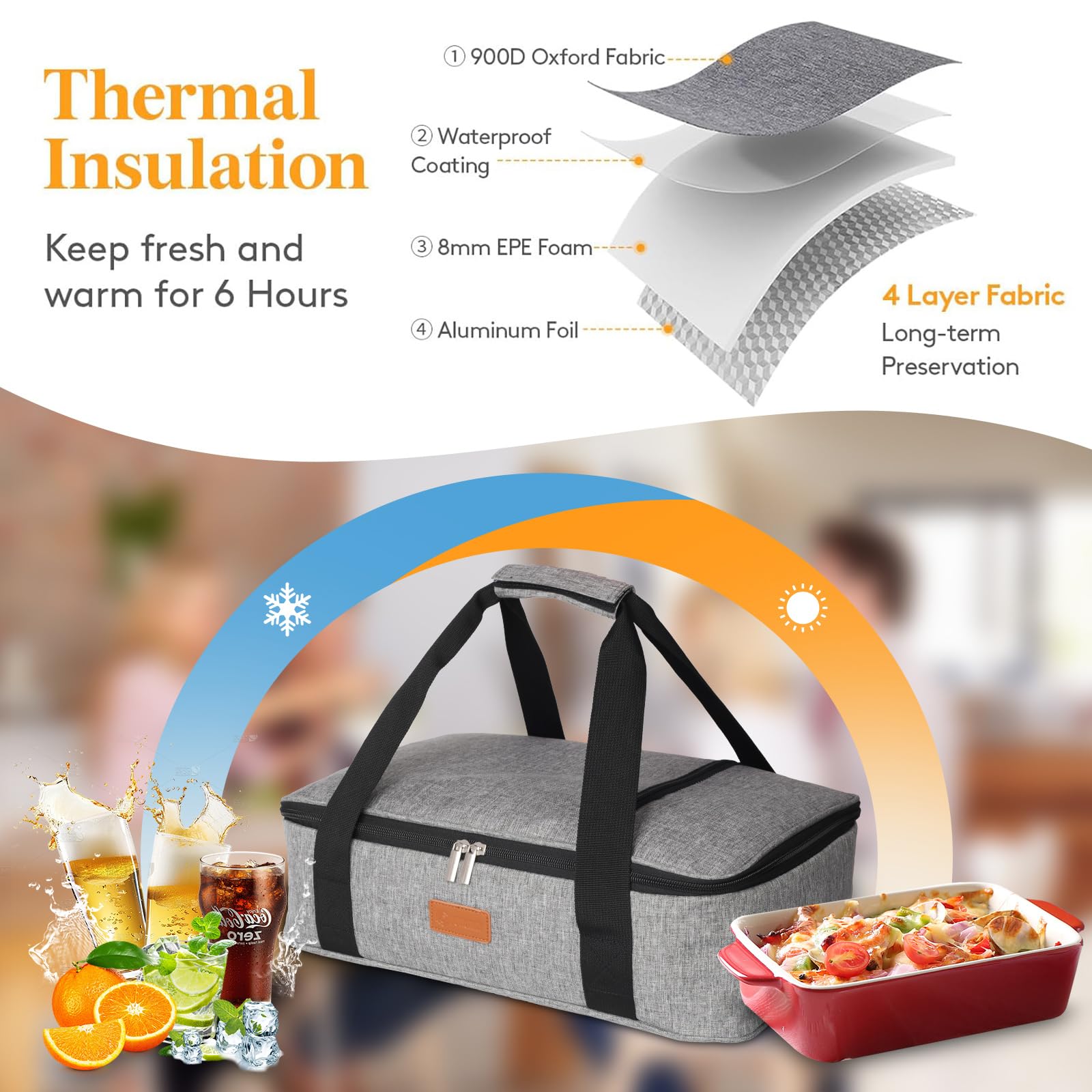 Poruary casserole carrier interior lining demonstrates padded insulation for temperature retention