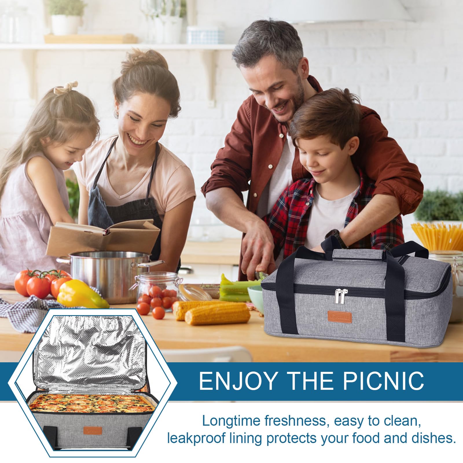 Poruary casserole carrier in-use at park or beach supports meals on the go