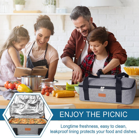 Poruary casserole carrier in-use at park or beach supports meals on the go