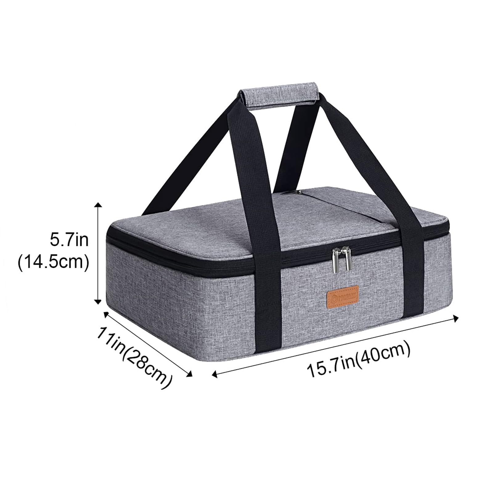 Poruary casserole carrier side profile highlights sleek gray exterior and travel-ready handles