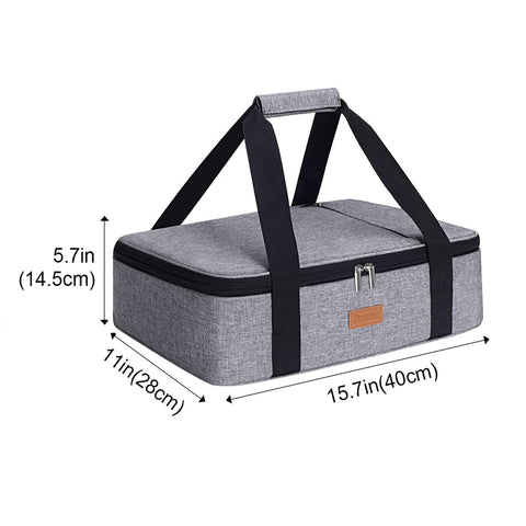 Poruary casserole carrier side profile highlights sleek gray exterior and travel-ready handles