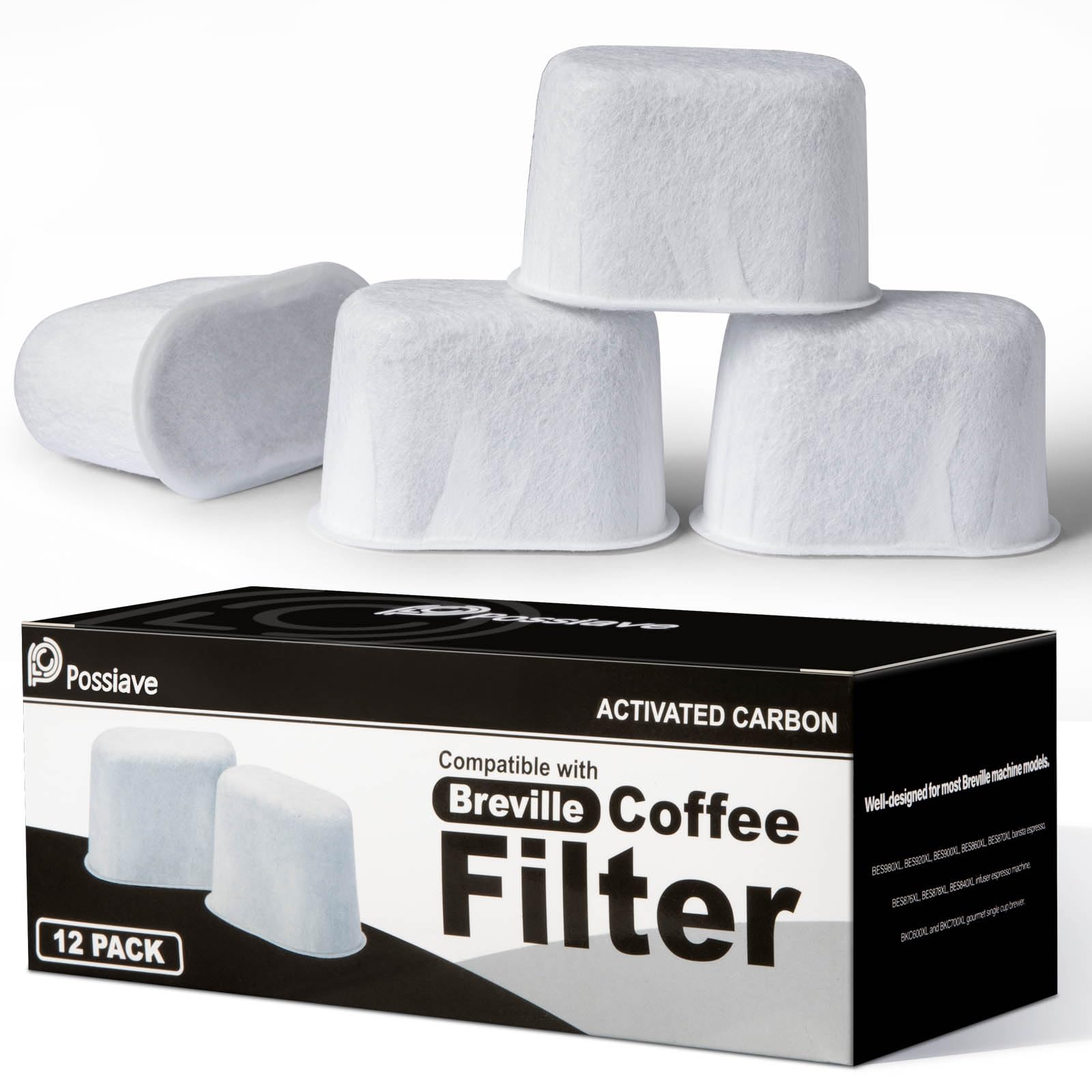 Possiave charcoal water filters for Breville BWF100, ready for quick replacement.