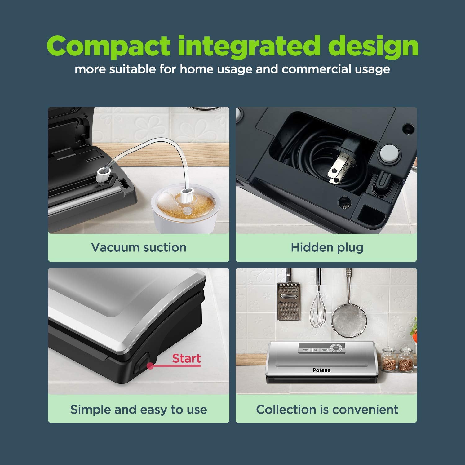 Potane compact silver model fits small kitchens while preserving food freshness.