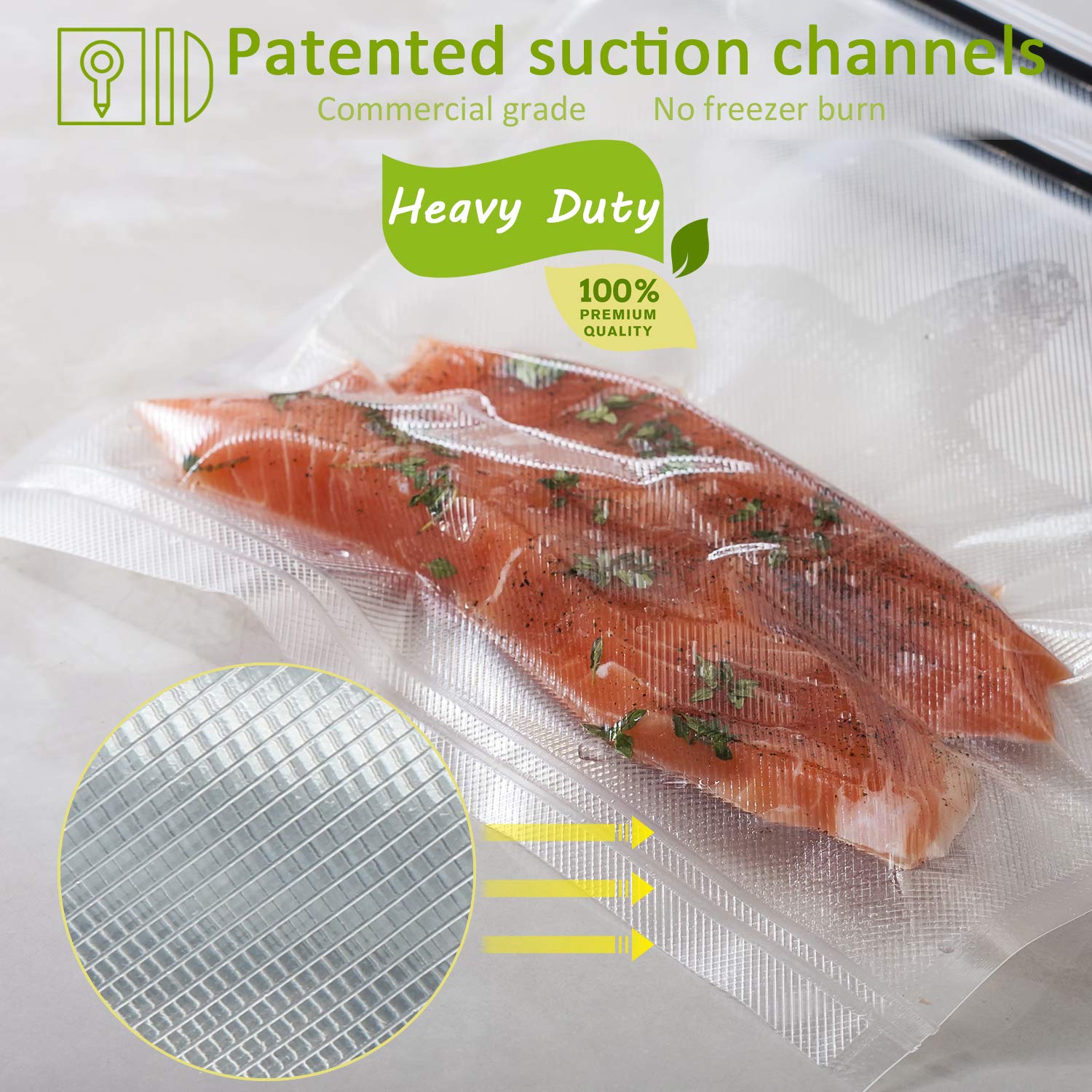 Potane thickened vacuum bags 8x20 rolls for space-saving freezer storage.