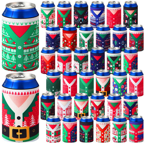 Potchen Christmas can sleeve with festive knit pattern keeps drinks cold.
