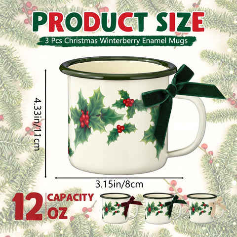 Potchen 12 oz enamel mug with holly design for cozy beverages