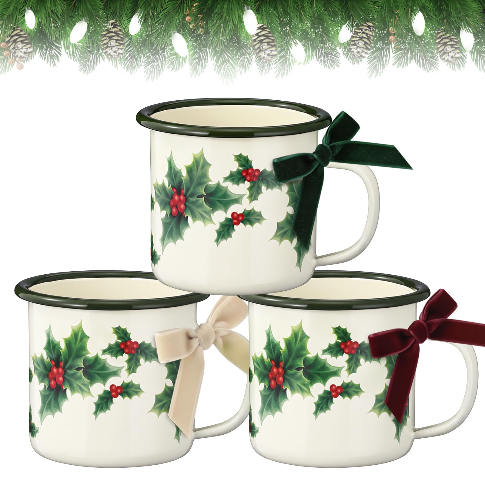 Potchen Christmas enamel mug on a tiered tray for festive display