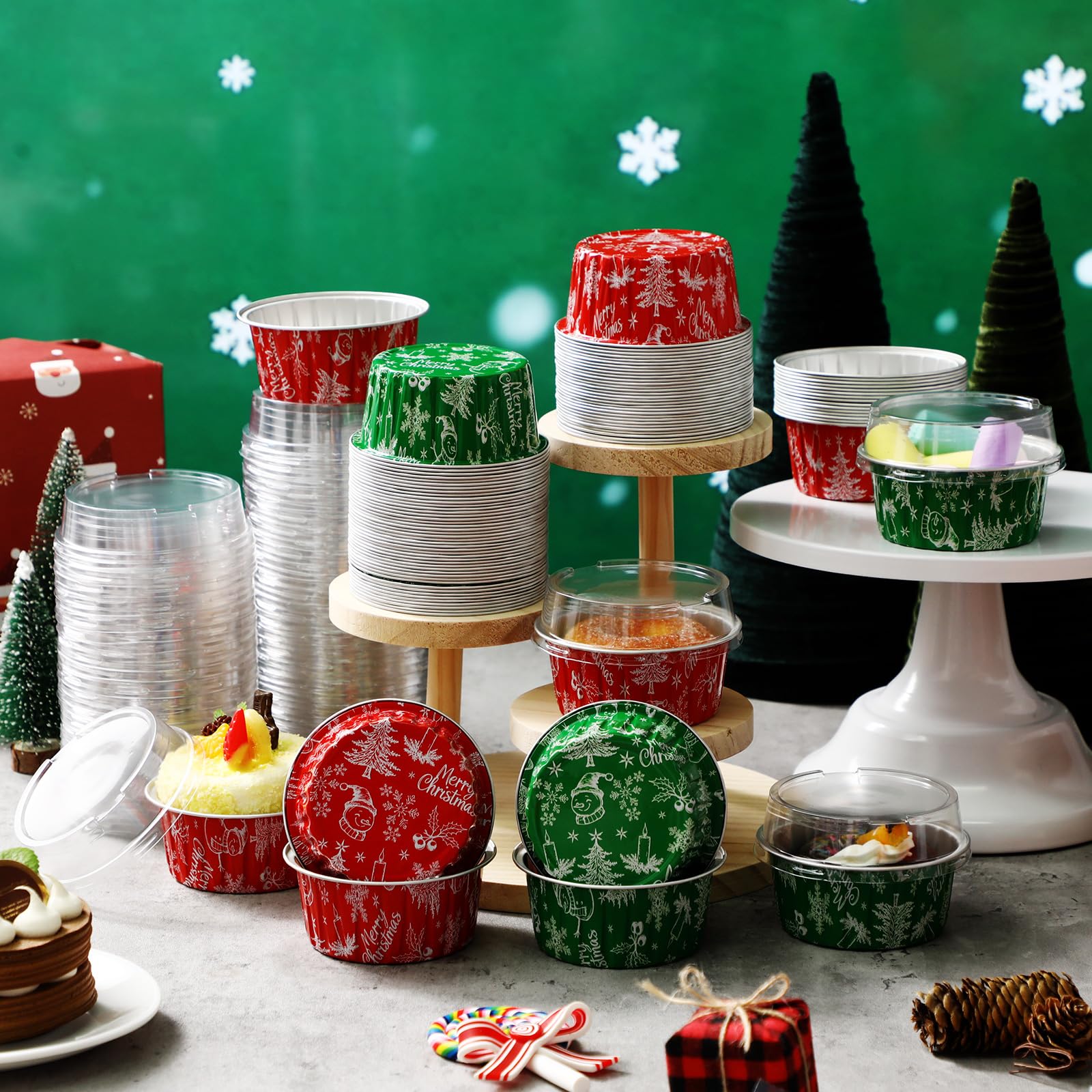 Potchen green foil cups with lids, perfect for holiday desserts and stackable storage.