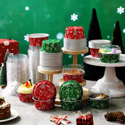 Potchen green foil cups with lids, perfect for holiday desserts and stackable storage.