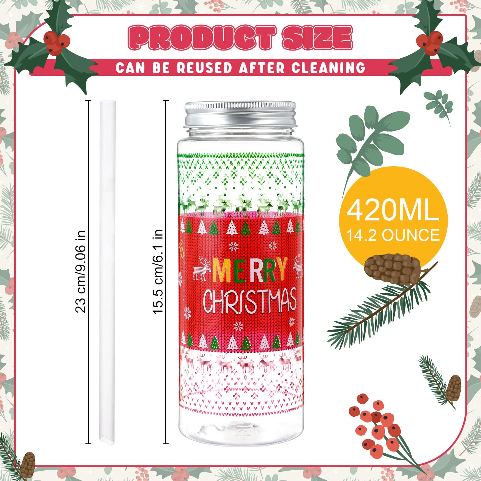 Potchen Christmas plastic tumbler with lid and straw close-up, spill-resistant.