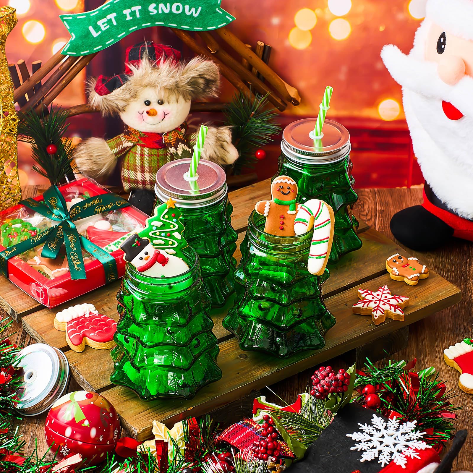 Potchen green straw and silver lids complement holiday table decor.