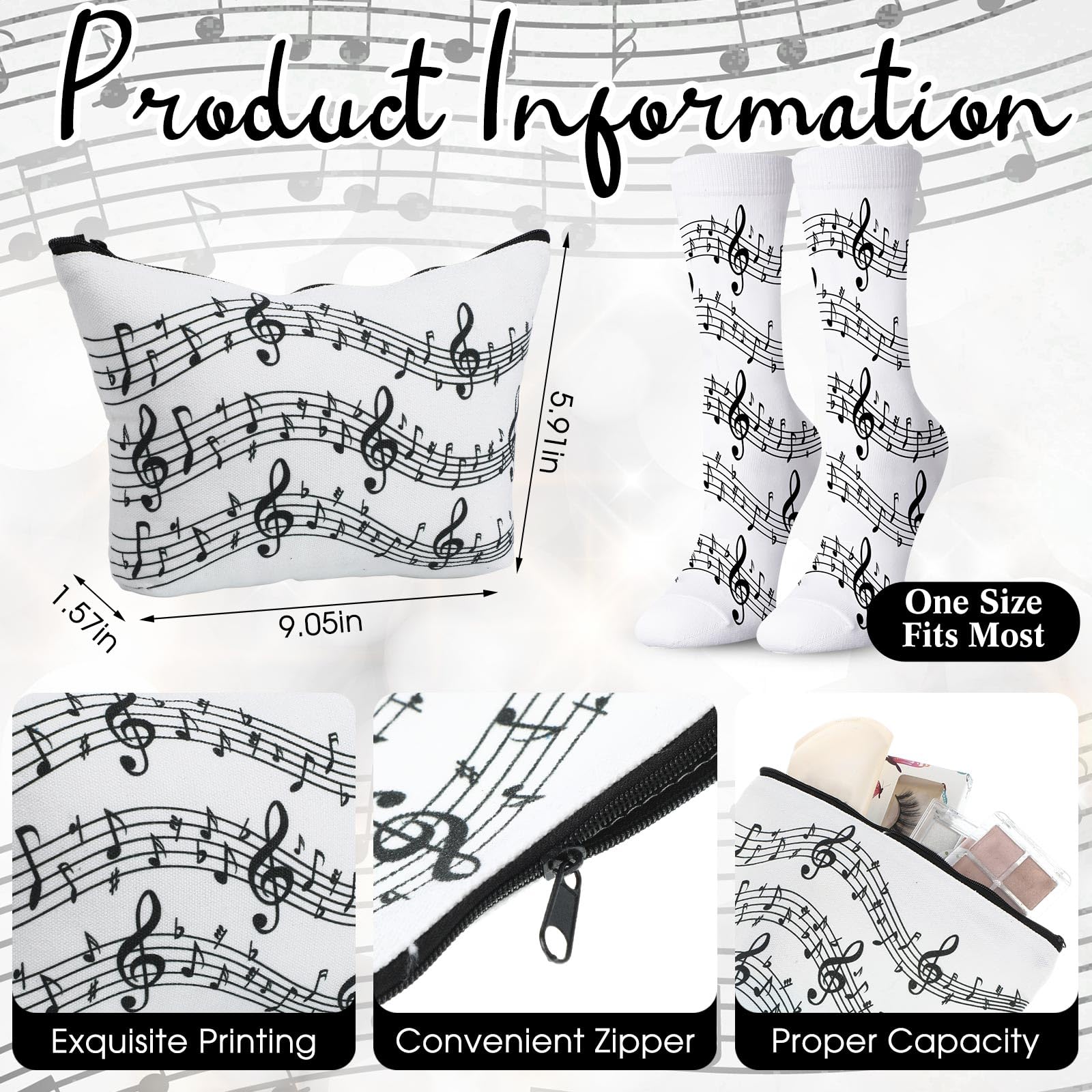 Potchen makeup bag with musical notes, ideal for travel organization