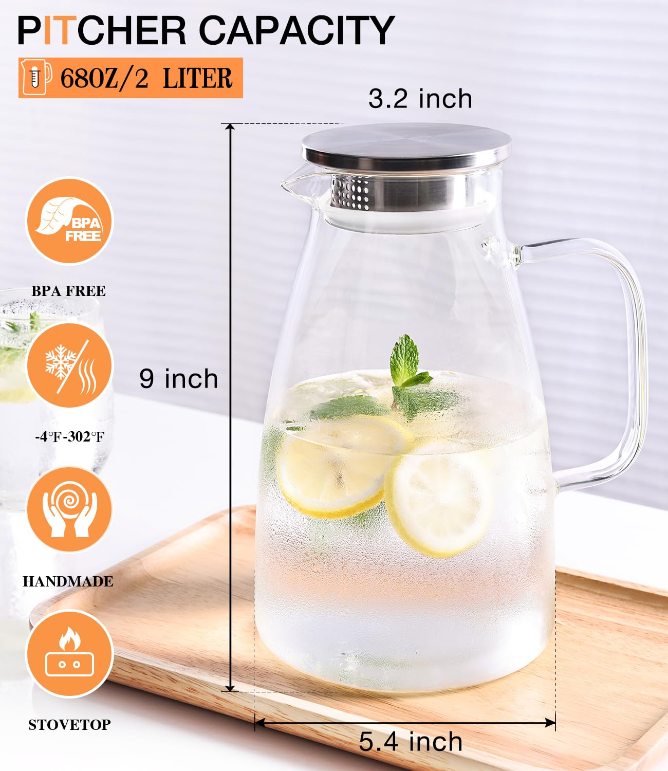 Potdoctor glass pitcher strainer filters tea, fruit debris for clean pour.