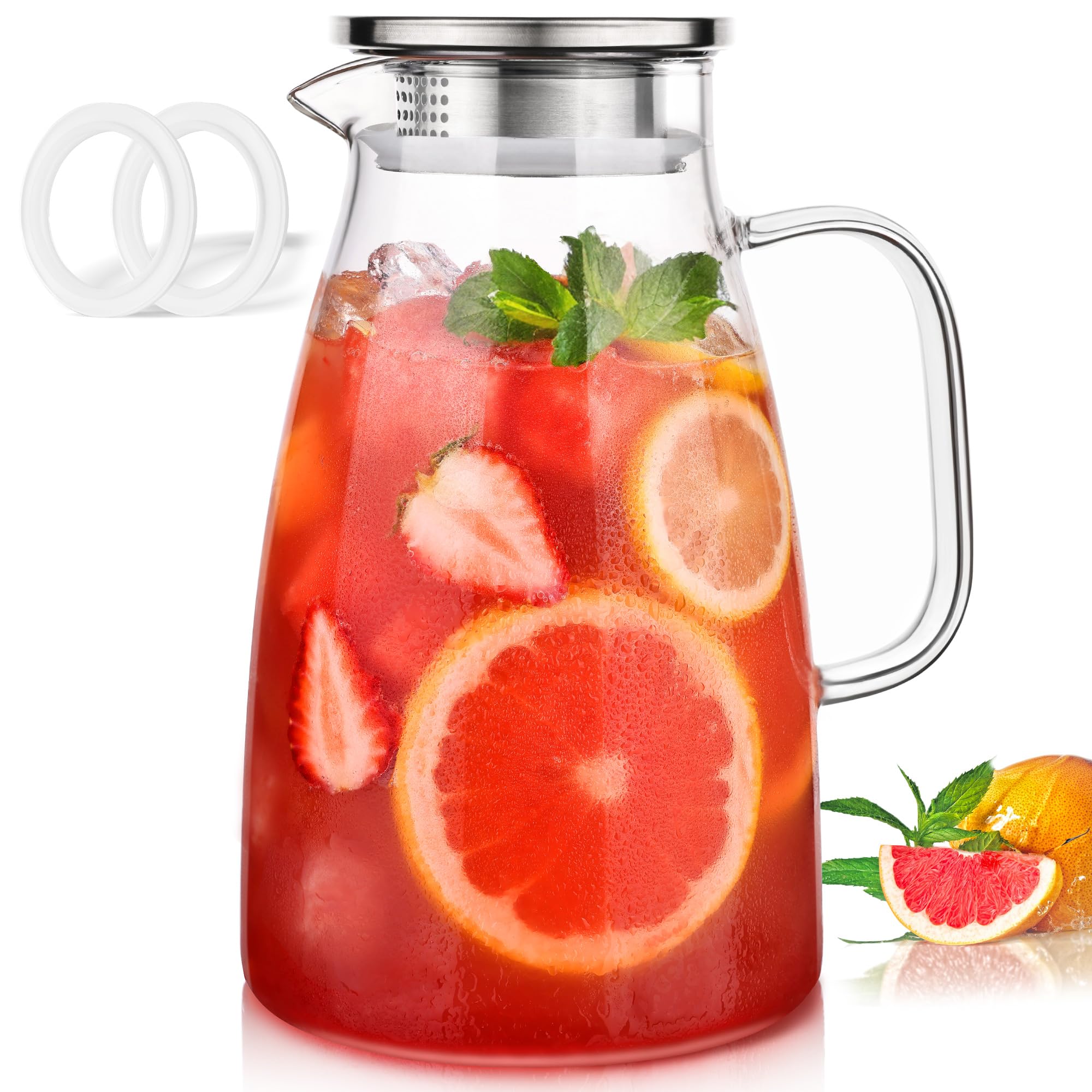 Potdoctor glass pitcher with lid and handle for easy pouring and fridge storage.