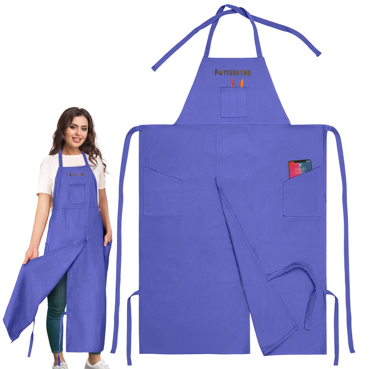 Potterhyme full-coverage apron protects clothes during pottery and ceramics work.