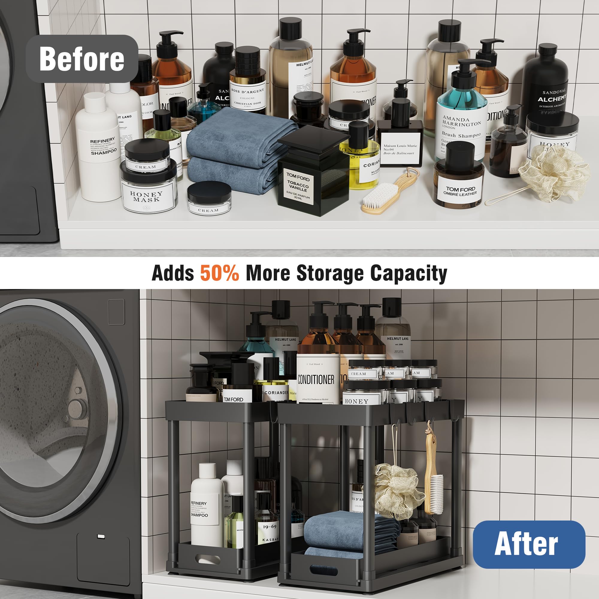 POUGNY heavy-duty cabinet organizer supports up to 50 pounds.