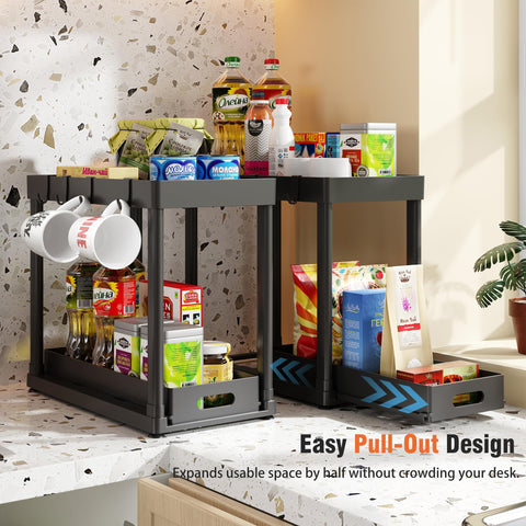 POUGNY two-tier under-sink storage fits around pipes.