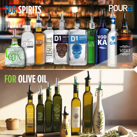 Poura mid-flow dispensers provide controlled pouring for oil and vinegar.