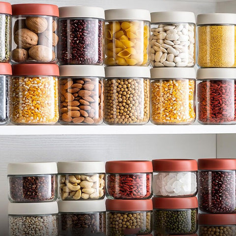 Povinmos stackable design saves pantry space and organizes jars.