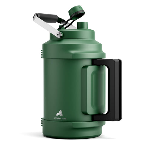 POWCAN 128oz insulated bottle in forest setting shows long-lasting cold retention.