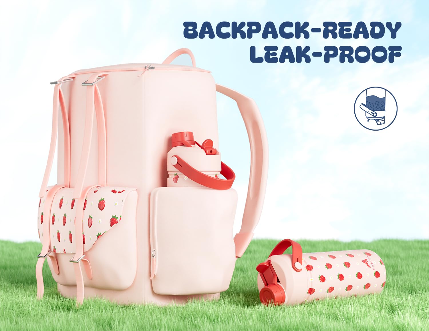 POWCAN kids bottle strawberry-daisy, leakproof lid for car seats and lunches.