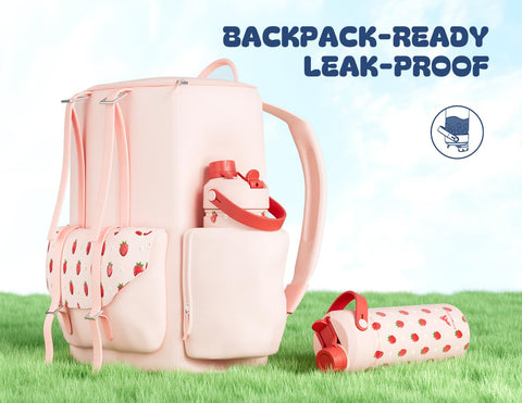 POWCAN kids bottle strawberry-daisy, leakproof lid for car seats and lunches.