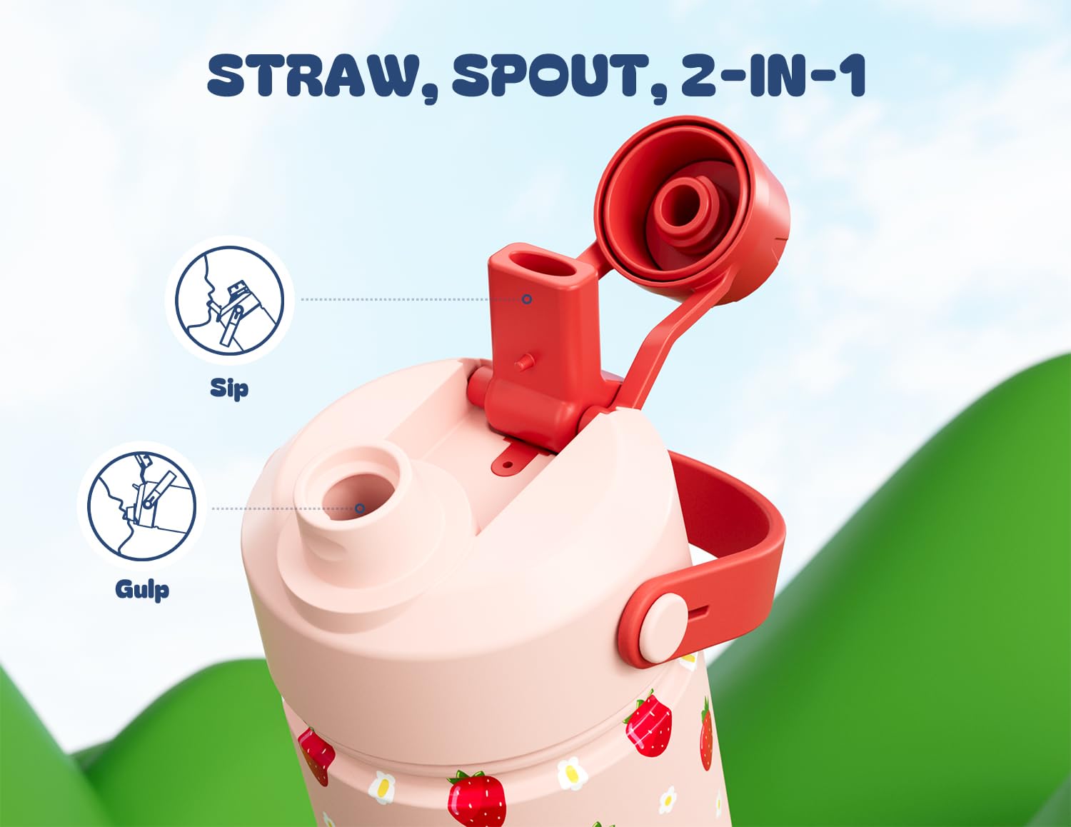 POWCAN 18oz kids bottle, strawberry-daisy, keeps drinks cool during daycare.