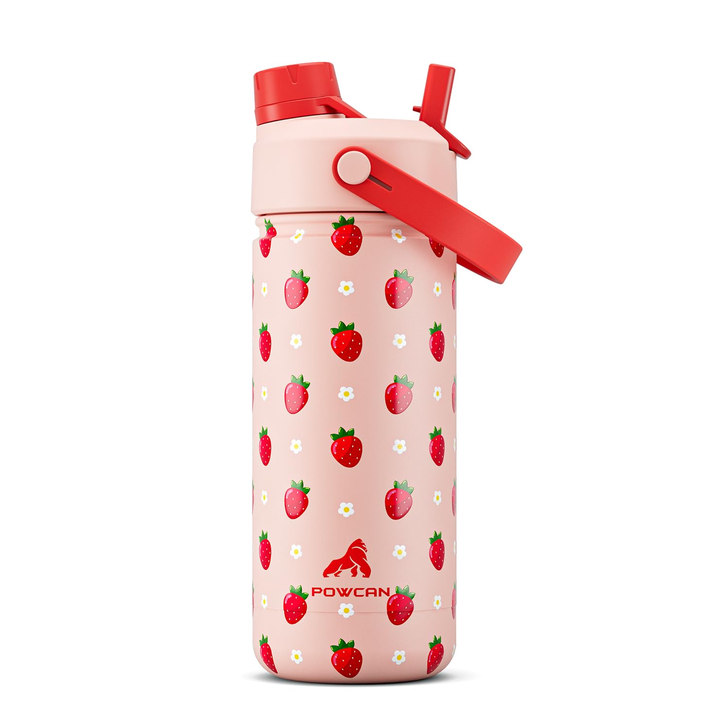 POWCAN 18oz kids bottle with strawberry-daisy pattern, ideal for school hydration on the go.